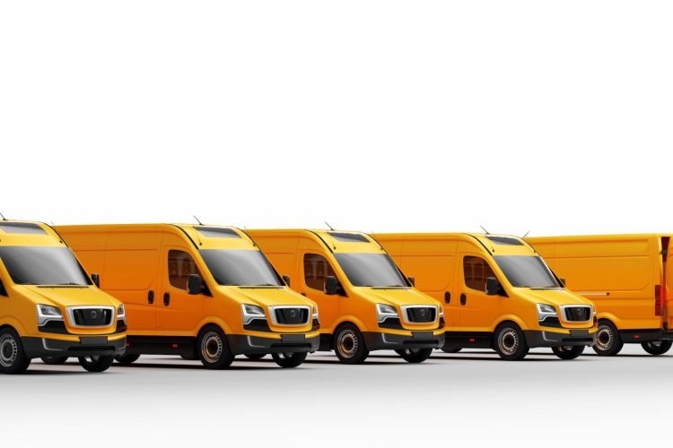Parcel delivery in van transportation trucks on white. Transport, shipping industry. 3D illustration